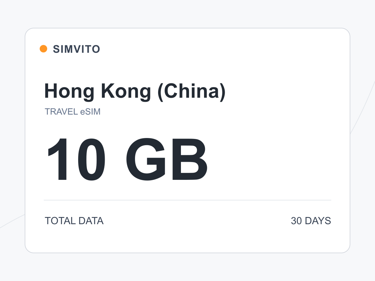 Hong Kong digital eSIM plan: 10 GB total, 30 days